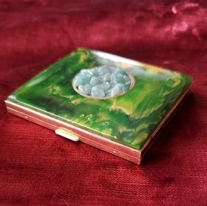 Vintage Schidkraft compact marbled yellow & green bakelite top with jadeite
